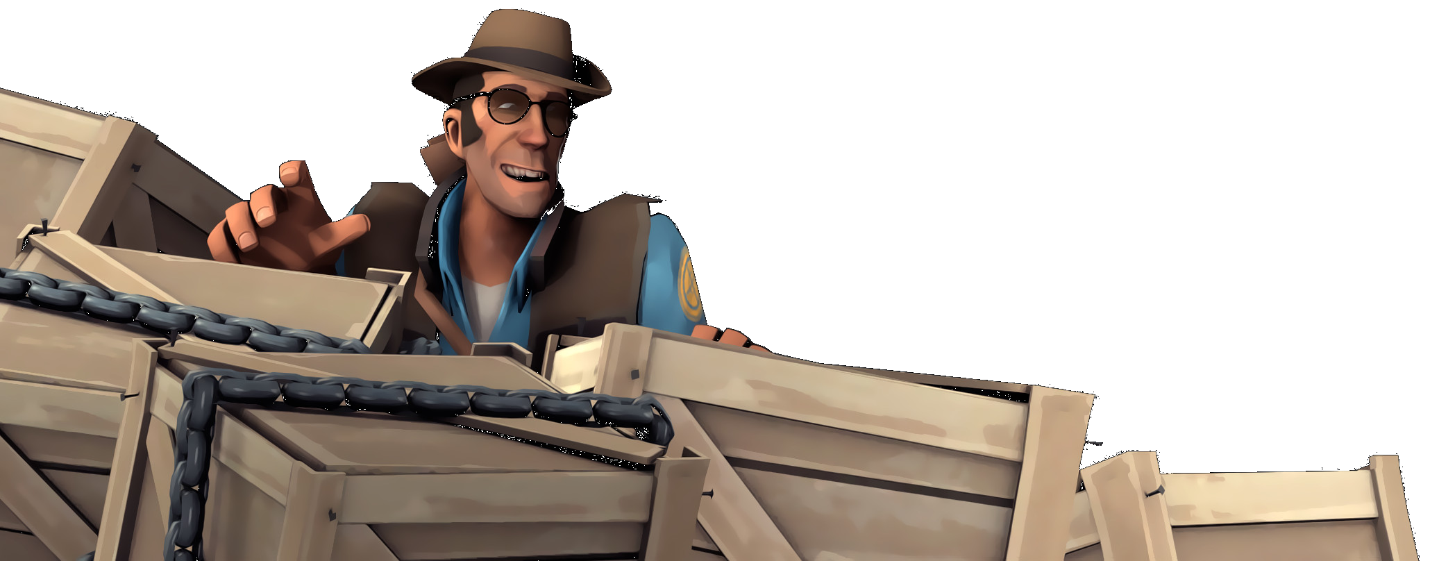 Blue Sniper hiding behind a bunch of crates