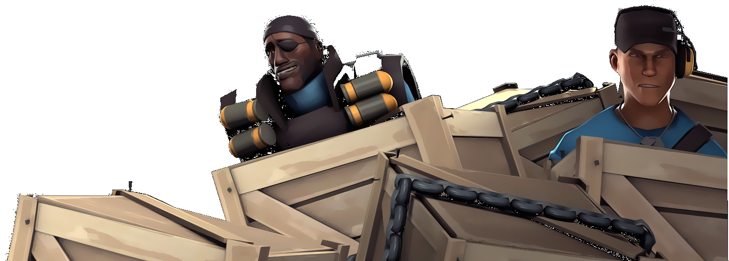Blue Demoman and Blue Scout hiding between a bunch of crates