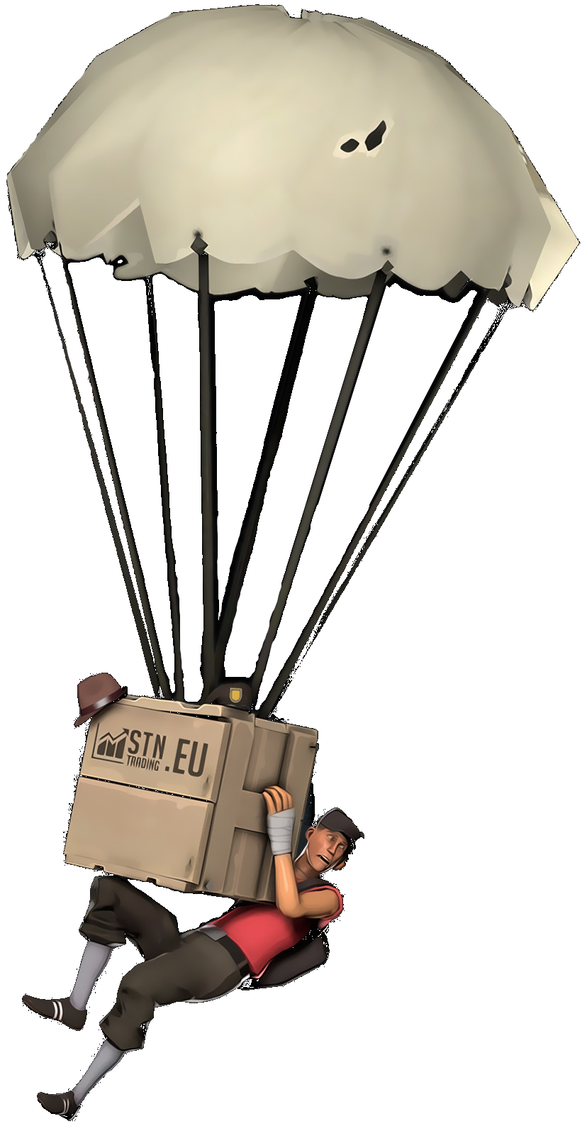 Dropping Crate with a Parachute and a red scout clinging on to it